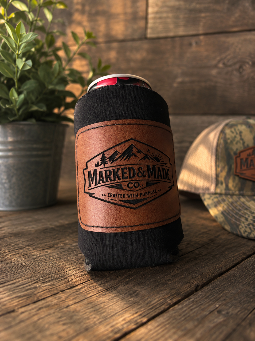 Koozie w/ Leather Engraved Patch